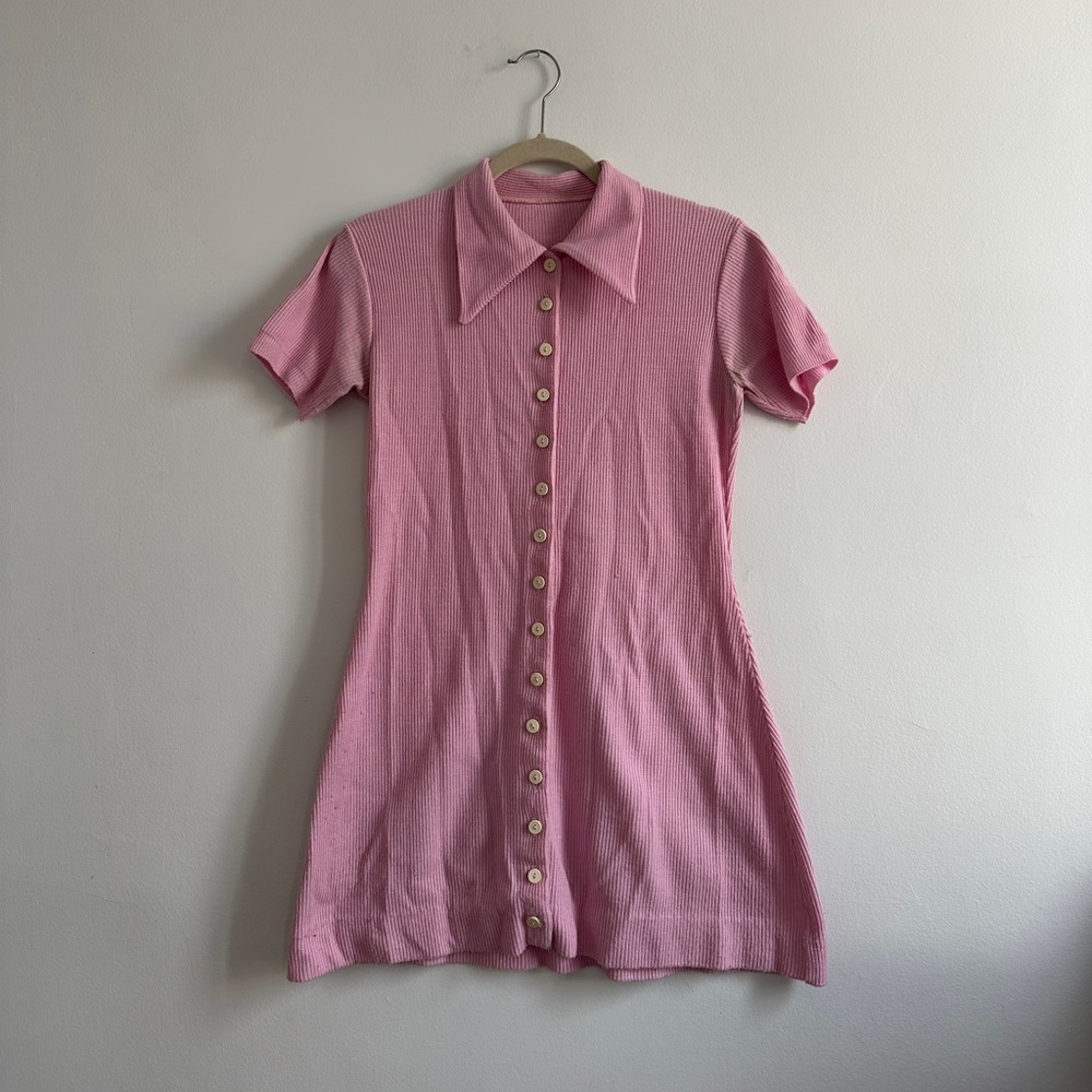 Vintage handmade 60s baby pink knit ribbed polo mini fit and flair Dress